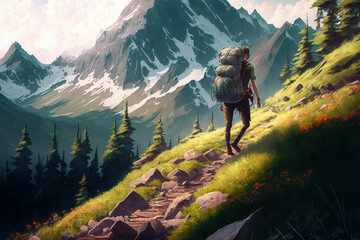 Hiker in the mountains walks along the path