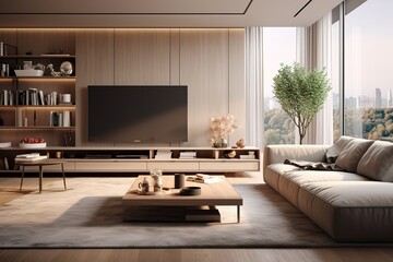 Tv cabinet - living room where the whole family feels good, interior. Minimalist style interior design of modern living room with tv. - obrazy, fototapety, plakaty