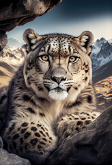 Naklejka premium High in the misty mountains, rare snow leopard with its sleek silver-gray fur and piercing blue eyes gaze