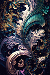An abstract digital painting with swirling patterns and vibrant colors, decorative background