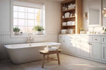 Fototapeta na wymiar White cozy bathroom interior, farmhouse style