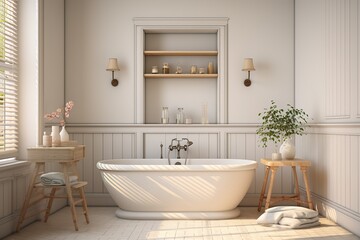 Fototapeta na wymiar White cozy bathroom interior, farmhouse style