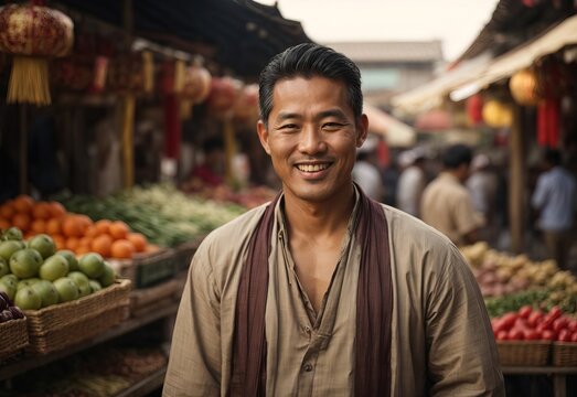 Bussines asian men selling traditional market smiling wearing seller outfit with traditional market in the Background, crossed hand confident