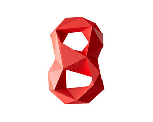 Digit made of low poly red material. 3d illustration of simple polygonal number isolated on white background