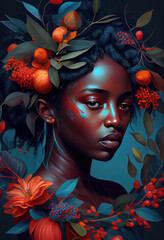 Black woman with flowers in the hair, artistic portrait