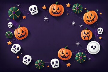 Overhead View adorned with spooky dog paw trails, Halloween treats, and creepy-cute illustrations, set against a deep purple background