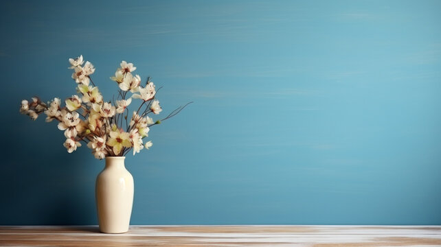 Wooden table with vase with bouquet of flowers on blue wall background