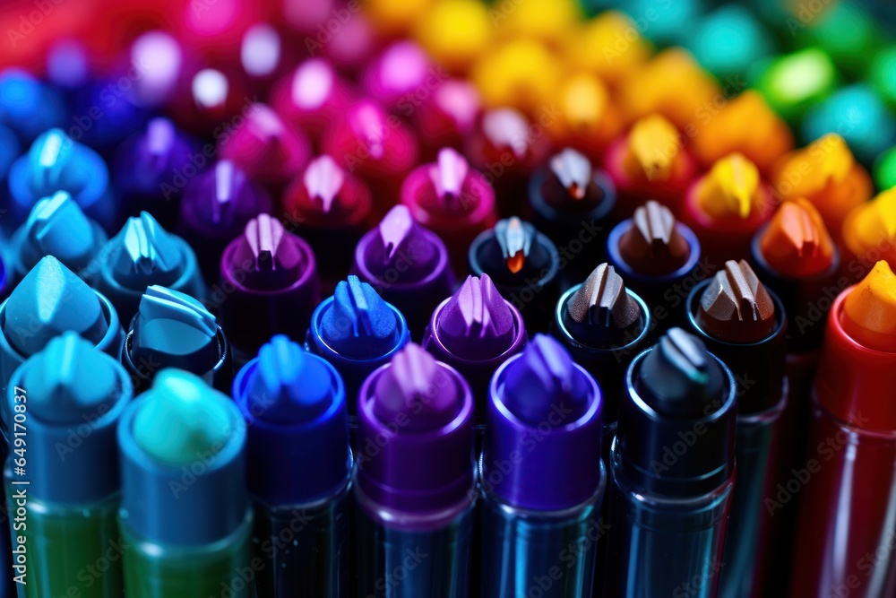 Poster A close-up view of a bunch of colorful crayon markers. This image can be used for various creative projects and educational materials.