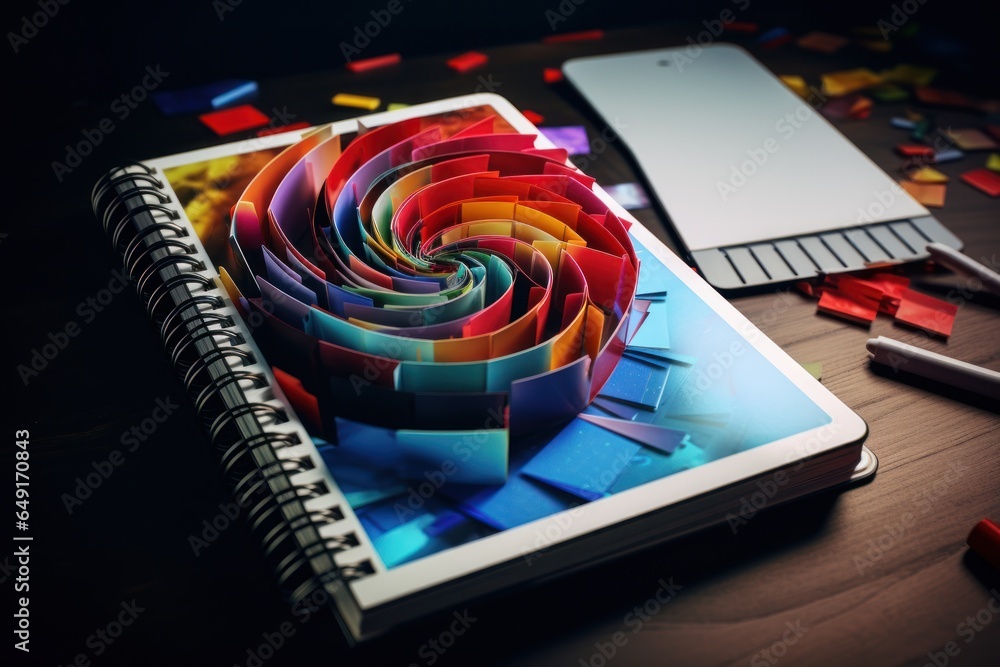Poster A notebook with a spiral design on top, perfect for organizing your thoughts and ideas. Use it for writing, drawing, or taking notes on the go.