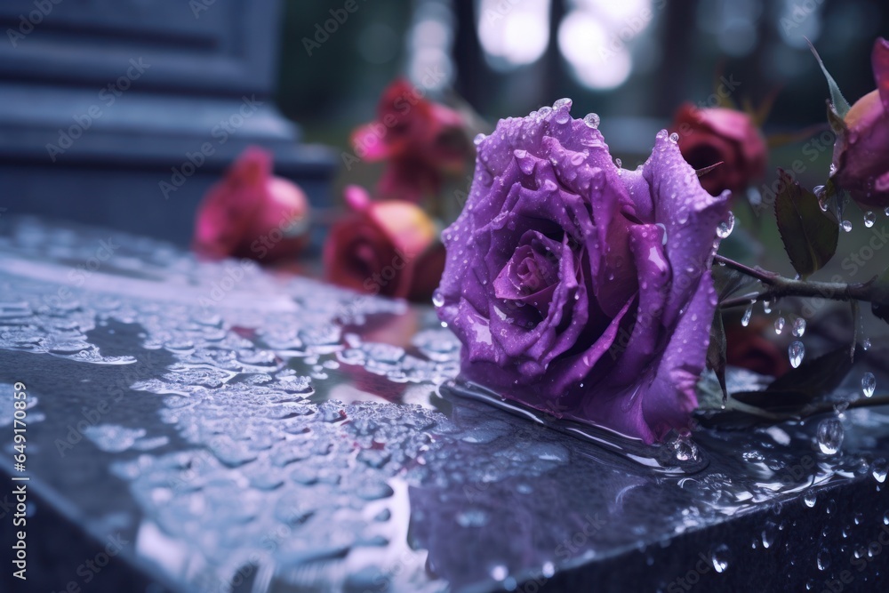 Poster a beautiful purple rose sitting on top of a wet surface. perfect for adding a touch of elegance to a