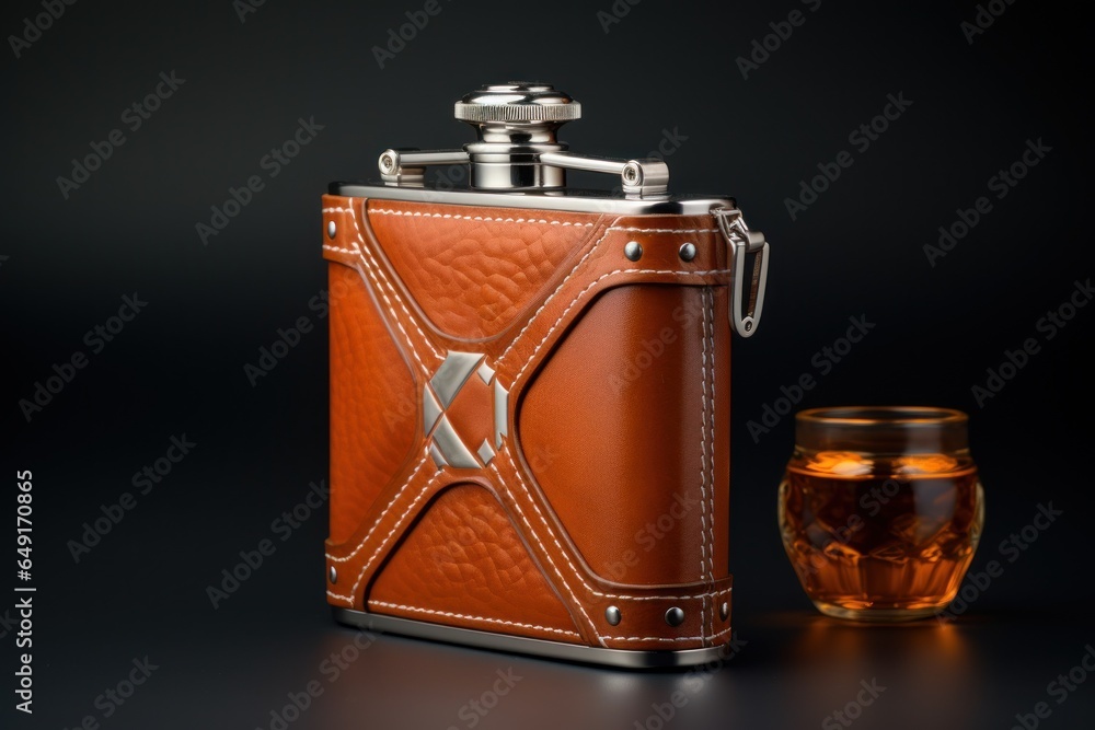Poster a flask and a shot glass are placed on a table. this image can be used to depict a bar scene or to i
