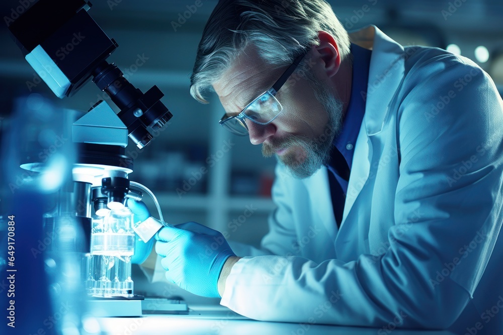Poster A man wearing a lab coat is focused on examining something through a microscope. This image can be used to depict scientific research, laboratory work, or education.