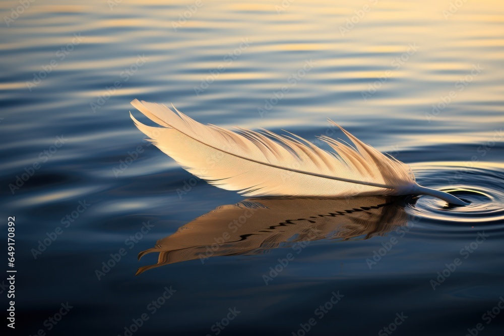 Poster A serene image of a white feather gently floating on the surface of a body of water. This picture captures the tranquility and beauty of nature. Perfect for use in various projects such as illustratin