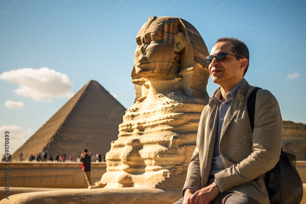 Poster a man is seen sitting next to a majestic statue of a sphinx. this image can be used to depict explor