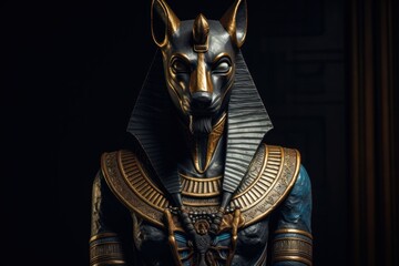 A statue of Anubis, the Egyptian god of the afterlife, depicted in a black and gold outfit. This image can be used for historical or cultural projects. - obrazy, fototapety, plakaty