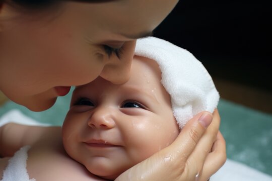 A woman is pictured holding a baby wrapped in a towel. This image can be used to depict the bond between a mother and child or to illustrate concepts related to childcare and parenting.