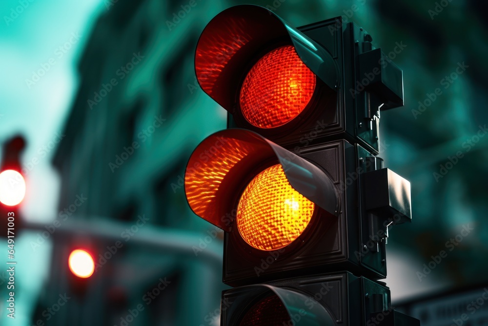 Poster A picture of a traffic light with a red light in front of a building. This image can be used to represent traffic regulations or urban infrastructure.