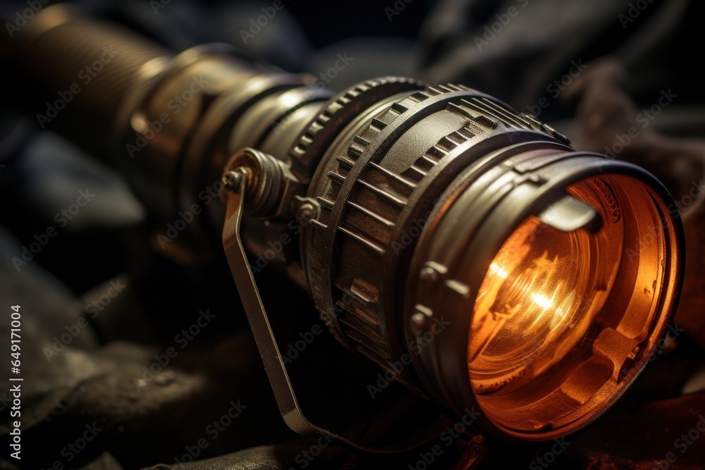 Poster A detailed view of a flashlight resting on a bed. This image can be used to depict concepts such as emergency preparedness, power outage, camping, or adventure.