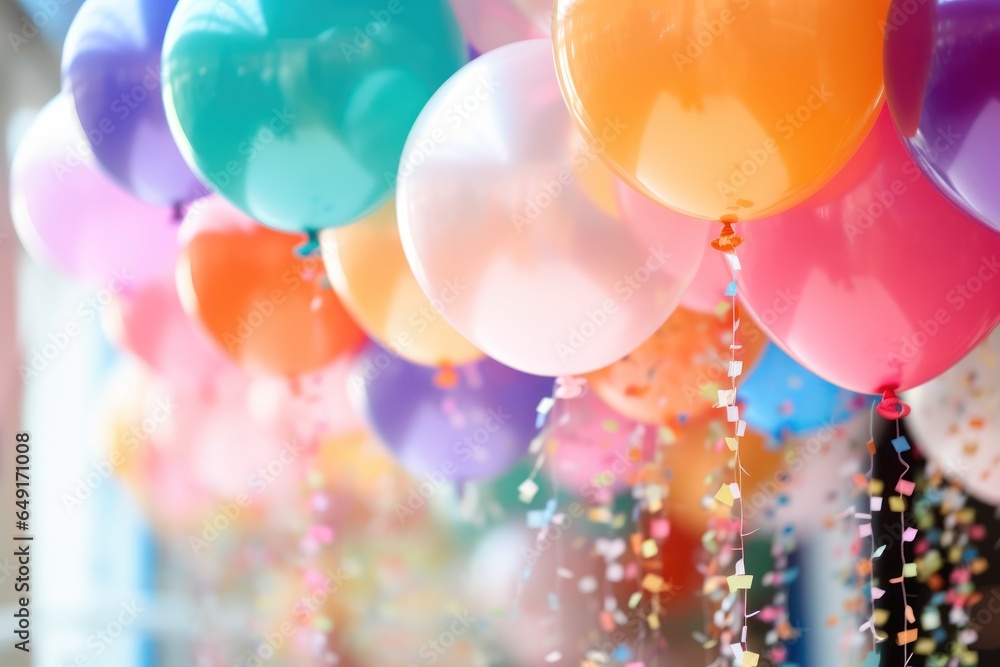 Poster a vibrant image featuring a bunch of balloons adorned with confetti and streamers. perfect for celeb