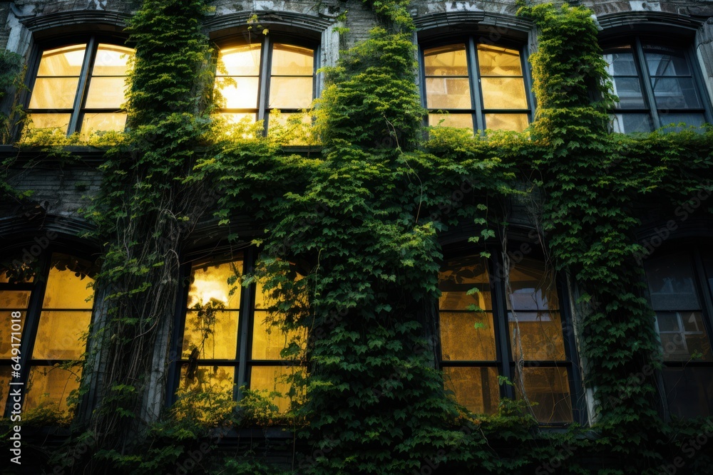 Poster A captivating image of a building covered in lush vines and ivies at night. Perfect for adding an enchanting touch to any project or design.