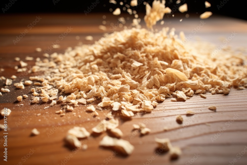 Poster a pile of shredded cheese sitting on top of a wooden table. this image can be used in various food-r