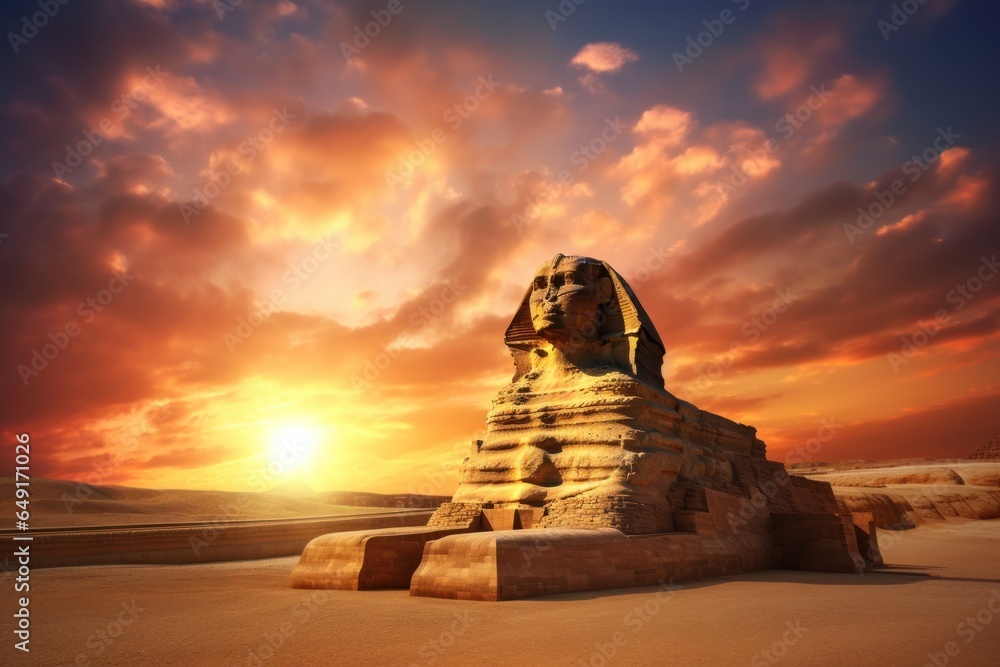 Poster a stunning image of a sphinx statue standing tall in the desert, bathed in the warm glow of the sett