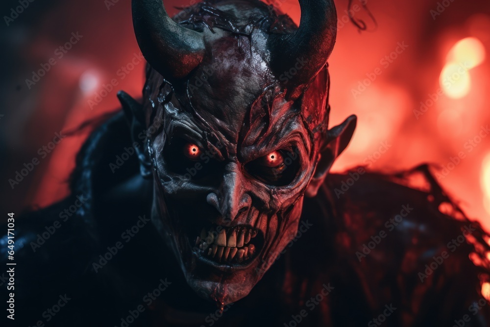 Poster a close-up view of a menacing demon with fiery red eyes. perfect for spooky halloween designs or hor
