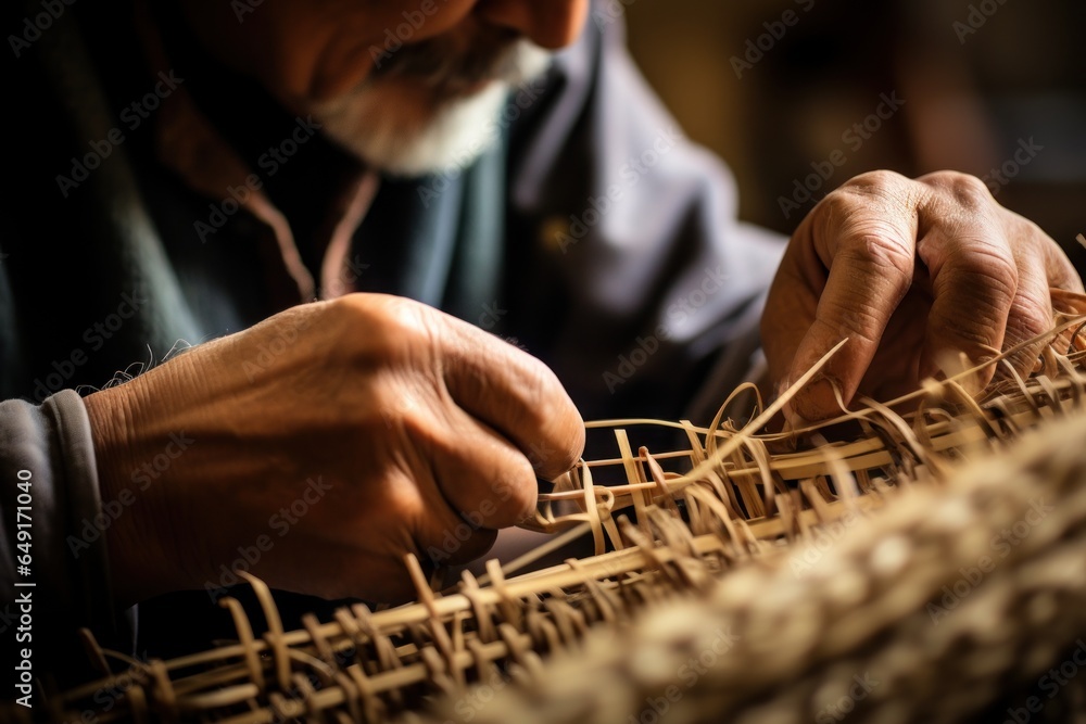 Poster A detailed view of someone engaged in basket weaving. This image can be used to depict craftsmanship, traditional art forms, or DIY projects.