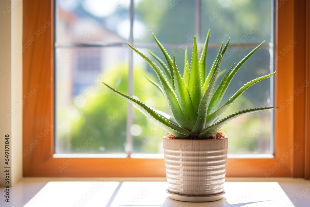 Poster a potted plant sitting on a window sill. can be used to add a touch of nature to interior design.