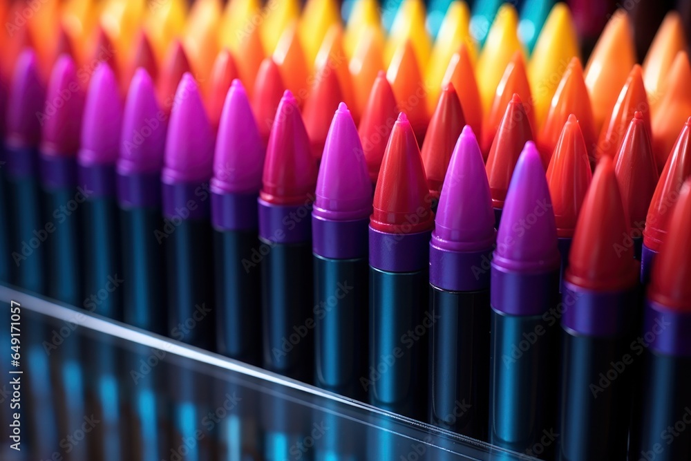 Poster A vibrant image featuring a row of colorful crayon pens lined up neatly. This versatile picture can be used to add a pop of color and creativity to various projects.