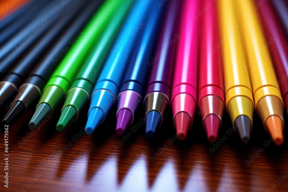 Aufkleber A close-up view of a bunch of pens arranged neatly on a table. This image can be used for various purposes, such as office supplies, writing instruments, organization, or creativity.