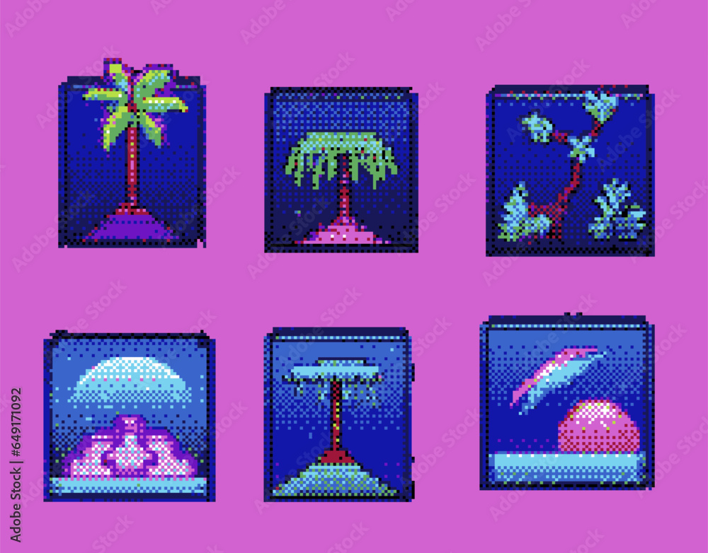 Poster set of vaporwave retro icons with palm trees and landscapes in pixel art style.