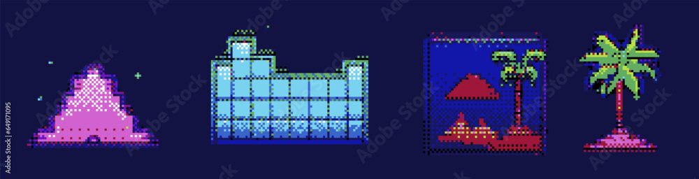Poster set of vaporwave retro icons with palm trees and landscapes in pixel art style.