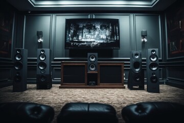 A modern home theater setup featuring a sleek flat screen TV and surround sound speakers. Perfect for enjoying movies, sports, and gaming. Ideal for use in interior design concepts and technology-rela - obrazy, fototapety, plakaty