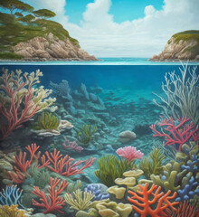 Seascape in the ocean with corals, other plants, above and below water