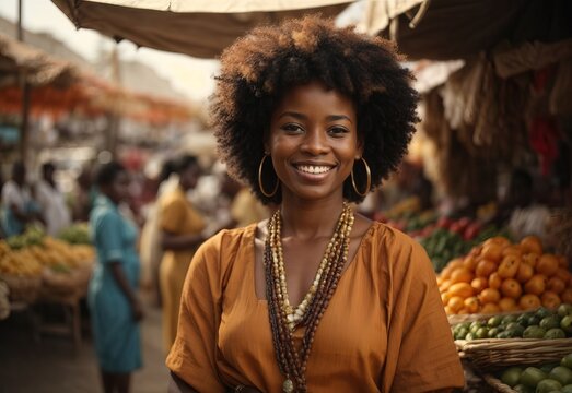 Bussines afro women selling traditional market smiling wearing seller outfit with traditional market in the Background, crossed hand confident