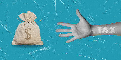 Digital Collage of Contemporary Art. A Hand Reaching for Money in a Bag.