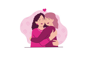 Concept sisters with people scene in the flat cartoon style. Two sisters hug and show love to each other, because it is very important. Vector illustration.