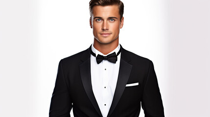 Handsome young white man groom with wedding black suit and bow tie isolated on white background