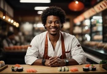 Fotobehang Bussines afro men sushi master smiling wearing chef outfit with sushi store in the Background, crossed hand confident © PeopleWorker