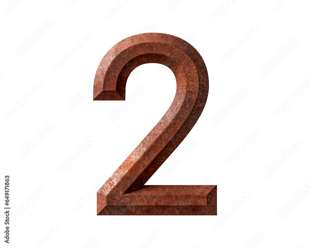 Fototapete digit made of rusty metal. 3d illustration of rusty number isolated on white background