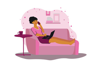 Freelance worker concept with people scene in the flat cartoon style. The girl works as a freelancer staying at home in a comfortable environment. Vector illustration.