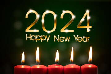 Close up of five burning candles with numbers 2024 new year celebration