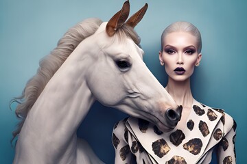 portrait of a woman with a horse. generative ai.