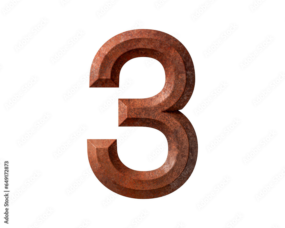 Fototapete digit made of rusty metal. 3d illustration of rusty number isolated on white background