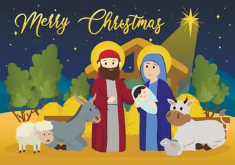 Christmas background concept with people scene in the flat cartoon style. Everyone in Bethlehem, both people and animals, celebrates the birth of Christ. Vector illustration.