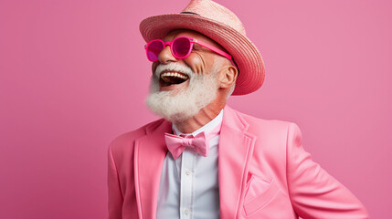 Senior handsome hipster laughing in pink background, wearing pink suit, hat and sunglasses