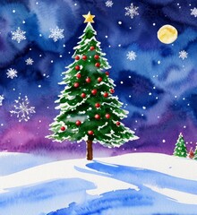 Christmas trees, watercolor illustration, winter wonderland, presents near dressed up Christmas tree, Christmas tree in the forest, northern lights
