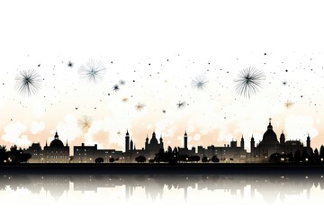 A festive background image for creative content showcasing a white background with a silhouette of a cityscape against a backdrop of dazzling fireworks. Illustration