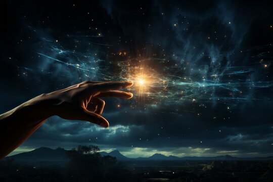 A surreal composition featuring a human hand reaching out to touch a distant star, representing the yearning for connection with the cosmos.